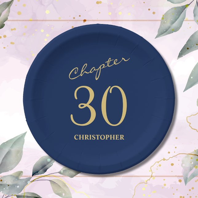 30th Birthday Blue Gold Chapter 30 Paper Plate (Make your loved one's 30th birthday celebration memorable with our stunning Blue Gold paper plates)