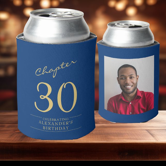 30th Birthday Blue Gold Photo Template Can Cooler (Custom 30th birthday can coolers in blue showing front and rear designs while sat on a bar top.)