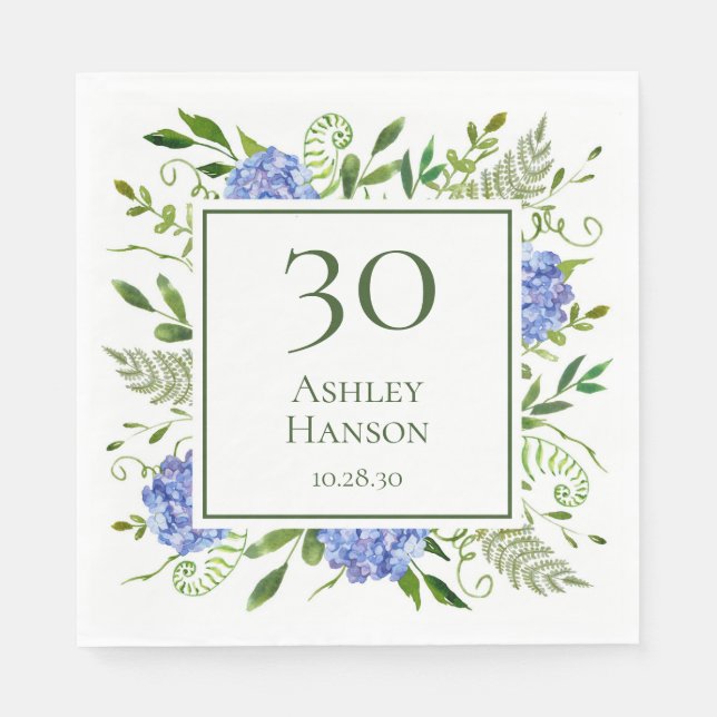 30th Birthday Blue Hydrangeas Napkin (Front)