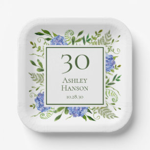 30th Birthday Blue Hydrangeas Paper Plate