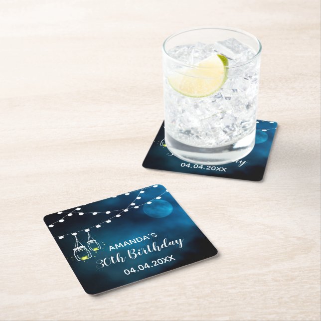 30th birthday blue moon light strings name square paper coaster (Insitu)