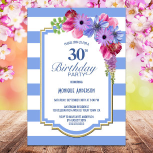 30th Birthday Blue Striped Lavender Floral Party Invitation