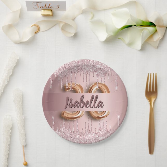 30th birthday blush pink glitter name paper plate (Wedding)