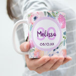 30th birthday boho chic watercolored pink flowers coffee mug<br><div class="desc">Romantic,  bohemian,  boho style for a 30th birthday girl. Soft,  feminine watercolored flowers in pink,  green and peach colours with green foliage on a white background.
Template for a name,  age and date,  purple letters. The age number 30 in pink.</div>