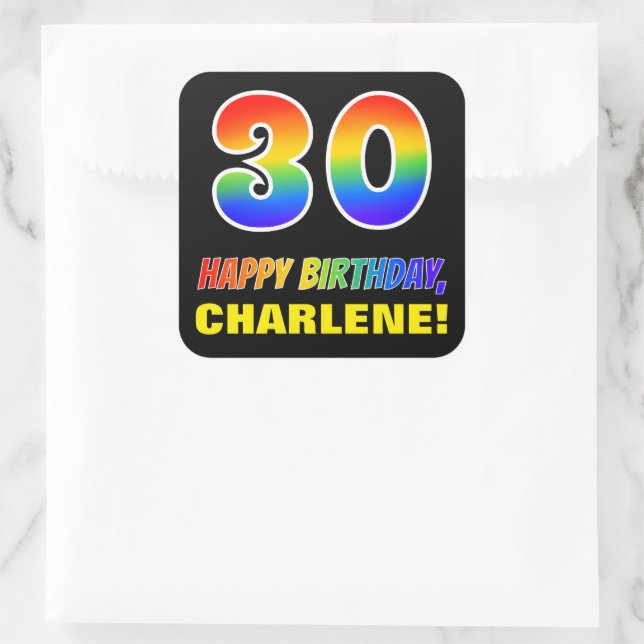 30th Birthday: Bold, Fun, Simple, Rainbow 30 Square Sticker (Bag)