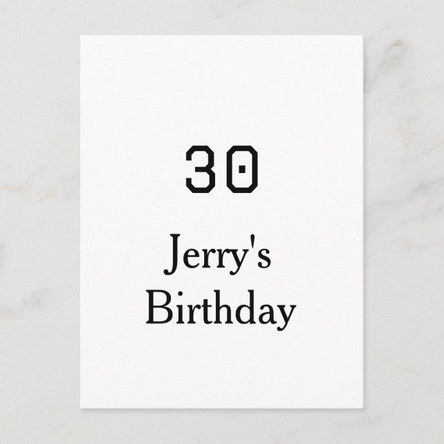 30th birthday bold letter name date simple minimal postcard (Front)