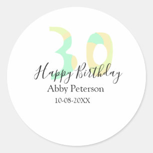 30th birthday bold letter pastel yellow black retr classic round sticker