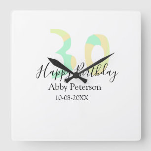 30th birthday bold letter pastel yellow black retr square wall clock