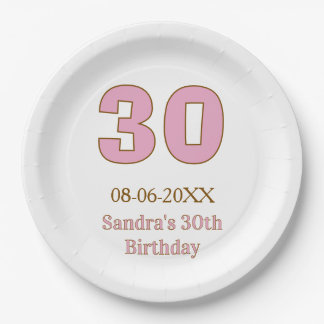 30th birthday bold pink golden name date simple mi paper plate