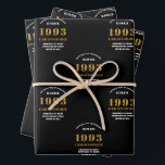30th Birthday born 1993 Add Name Black Gold Wrapping Paper Sheet<br><div class="desc">A personalized wrapping paper design for that birthday celebration for a special person. Add the name to this vintage retro style black and gold design for a custom birthday gift. Easily edit the name and year with the template provided. A wonderful custom birthday gift. More gifts and party supplies for...</div>