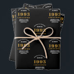30th Birthday born 1993 Add Name Black Gold Wrapping Paper Sheet<br><div class="desc">A personalized wrapping paper design for that birthday celebration for a special person. Add the name to this vintage retro style black and gold design for a custom birthday gift. Easily edit the name and year with the template provided. A wonderful custom birthday gift. More gifts and party supplies for...</div>