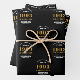 30th Birthday born 1993 Add Name Black Gold Wrapping Paper Sheet