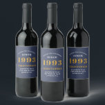 30th Birthday Born 1993 Add Name Blue Gold Wine Label<br><div class="desc">Personalized Birthday add your name and year wine label. Edit the name and year with the template provided. A wonderful custom blue birthday party accessory. More gifts and party supplies available with the "setting standards" design in the store.</div>