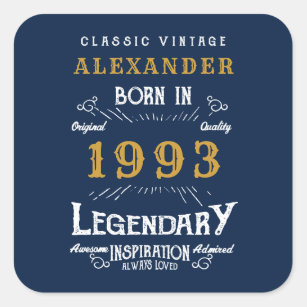 30th Birthday born 1993 Add Name Legend Blue Gold Square Sticker