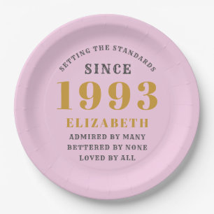 30th Birthday Born 1993 Add Name Pink Gray Paper Plate