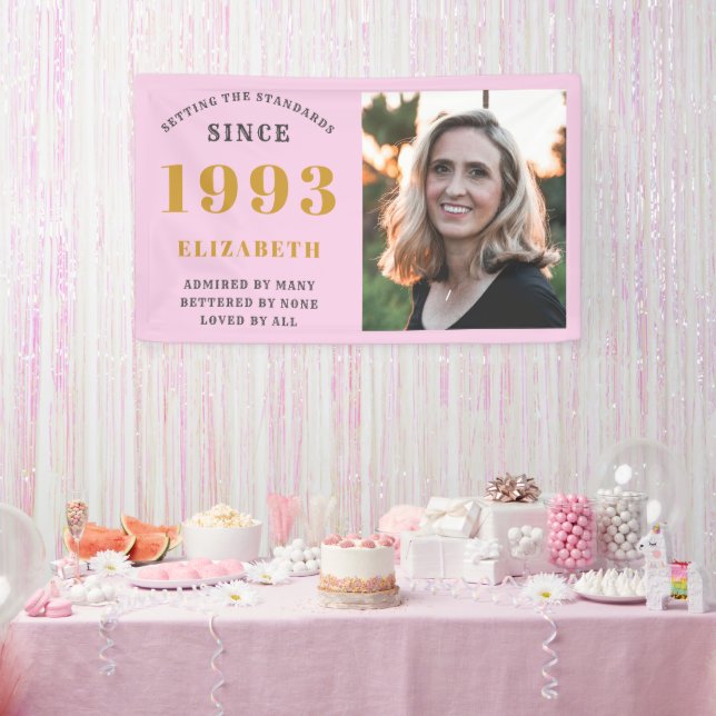 30th Birthday Born 1993 Add Name Pink Gray Photo Banner (Party)
