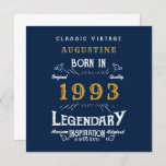 30th Birthday Born 1993 Legend Blue Gold Greeting Card<br><div class="desc">Say Happy Birthday. Add your name,  year and message to this personalised birthday greeting card. A wonderful custom blue birthday card with white and gold vintage style typography. More gifts and party supplies available with the "Legendary" design in the store.</div>