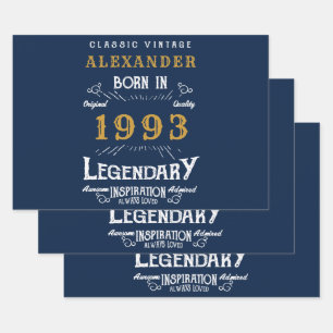 30th Birthday Born 1993 Vintage Blue Gold Legend Wrapping Paper Sheet