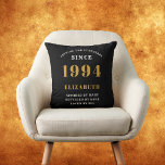 30th Birthday Born 1994 Loved Add Your Name Black Cushion<br><div class="desc">For those born in 1994 and celebrating their 30th birthday we have the ideal surprise birthday party throw pillow gift. The black background with a white and gold design is simple and yet elegant. Easily customise the text to the front and the interior of these party supplies using the template...</div>