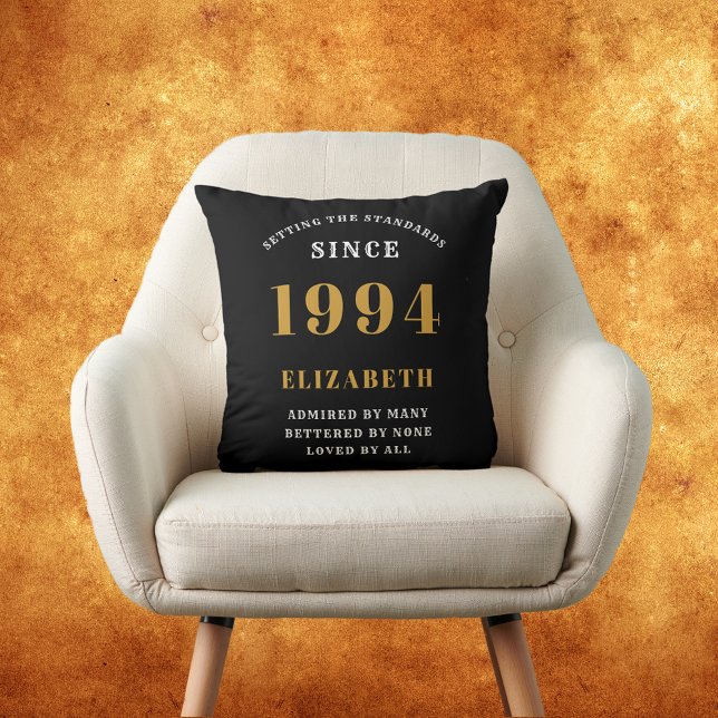 30th Birthday Born 1994 Loved Add Your Name Black Cushion (30th Birthday Born 1994 personalized black and gold cushion.)