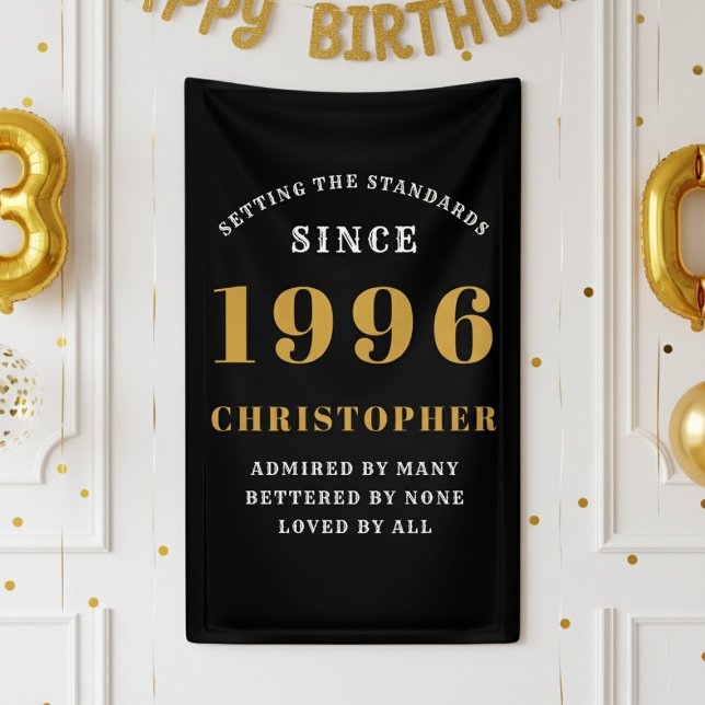 30th Birthday Born 1996 Add Name Black Gold Banner (1996 birthday wall banners against a white wall.)