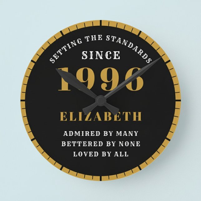 30th Birthday Born 1996 Black Gold Round Clock (Born 1996 standards birthday clock. Pastel background.)