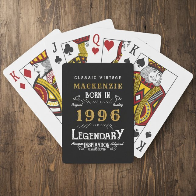 30th Birthday Born 1996 Legend Black Gold Playing Cards (Born 1996 playing cards. Wood background.)