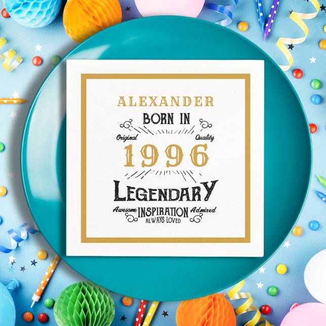 30th Birthday Born 1996 White Gold Legend Napkin (Born 1996 napkin on a blue plate.)