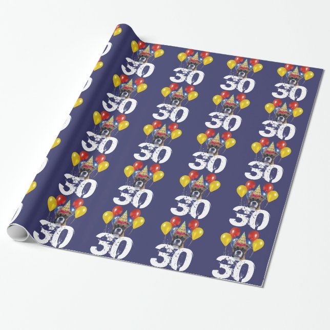 30th Birthday Boxer dog blue gift wrapping paper (Unrolled)