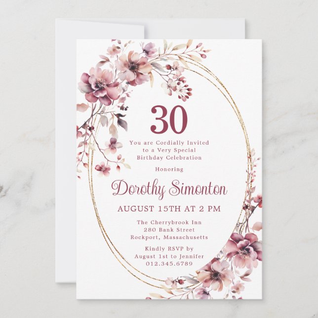 30th Birthday Burgundy Blush Pink Wildflower Invitation (Front)