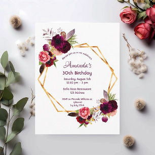 30th birthday burgundy floral gold invitation postcard