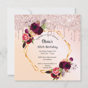 30th birthday burgundy florals rose gold glitter invitation