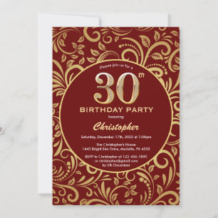 30th Birthday Burgundy Red and Gold Floral Pattern Invitation