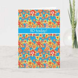 30th Birthday Card, Ditsy Orange Flowers Card
