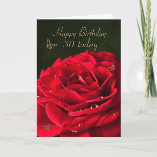 30th Birthday Card with a classic red rose (Front)