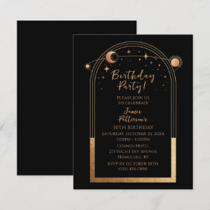 30th Birthday Celestial Black Gold Sun Moon Stars Invitation