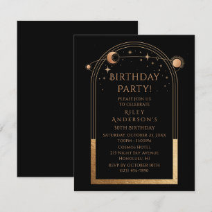 30th Birthday Celestial Black Gold Sun Moon Stars Invitation