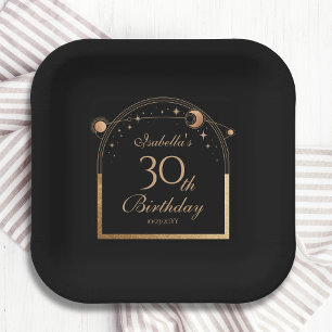30th Birthday Celestial Black Gold Sun Moon Stars Paper Plate