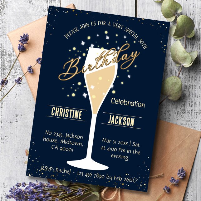 30th Birthday Champagne toast blue and beige colou Invitation (Creator Uploaded)