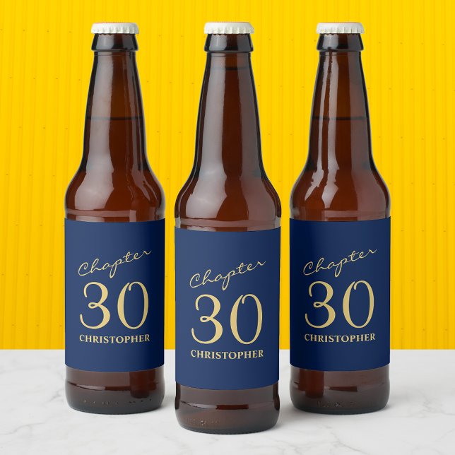 30th Birthday Chapter 30 Blue Gold Beer Bottle Label (Personalized 30th Birthday beer bottle labels in blue and gold. A unique touch to that special party)