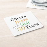30th Birthday Cheers and Beers Golf Party Square Paper Coaster<br><div class="desc">This is a cool and modern, 30th birthday, golf party design. It is a simple, minimal design, in classic black and white, with pops of green, orange and gold coloured typography. Perfect for a cool and fun, golf and beer themed, 30th birthday party. This design is fully customisable, simply use...</div>