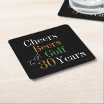 30th Birthday Cheers Beers Golf Black Gold Party Square Paper Coaster<br><div class="desc">This is a cool and modern, 30th birthday, golf party design. It is a simple, modern design, in black and white, with pops of green, orange and gold coloured typography. Perfect for a cool and fun, golf and beer themed, 30th birthday party. This design is fully customisable, simply use the...</div>