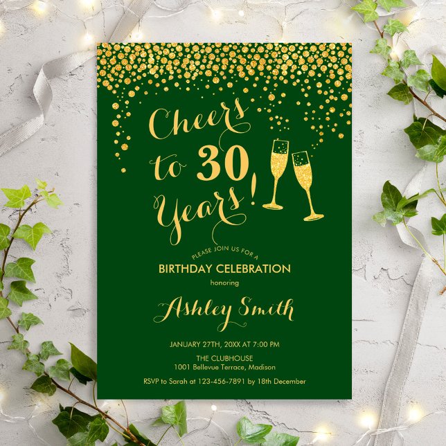 30th Birthday - Cheers To 30 Years Gold Green Invitation (Creator Uploaded)