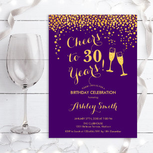 30th Birthday - Cheers To 30 Years Gold Purple Invitation