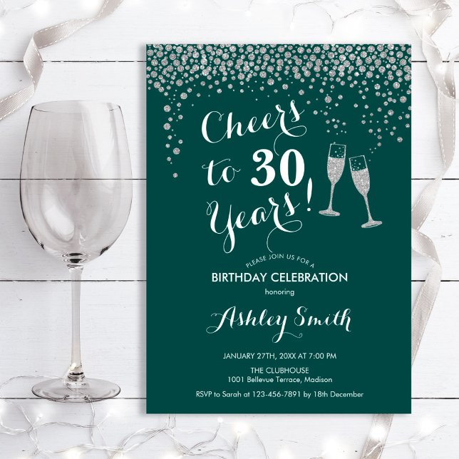 30th Birthday - Cheers To 30 Years Green Silver Invitation (Creator Uploaded)