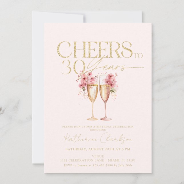 30th Birthday Cheers To 30 Years Pink Gold Floral Invitation (Front)