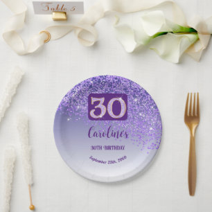 30th Birthday Chic Falling Purple Glitter Paper Plate