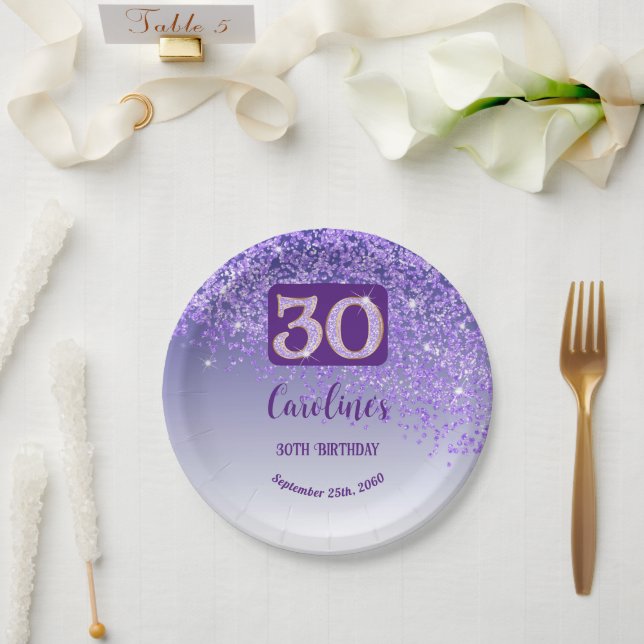 30th Birthday Chic Falling Purple Glitter Paper Plate (Wedding)