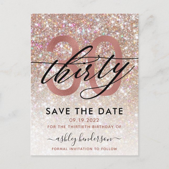 30th Birthday Chic Glitter Ombre Save The Date Announcement Postcard (Front)