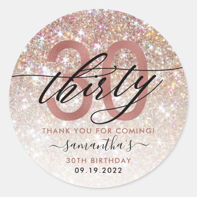 30th Birthday Chic Glitter Ombre Thank You Classic Round Sticker (Front)